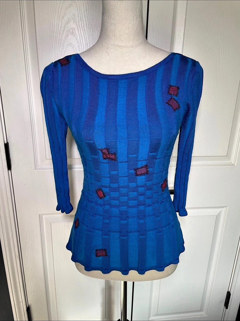 Upcycled St. John Knit Blue Wool Basketweave Ribbed Boat Neck Sweater Size XS